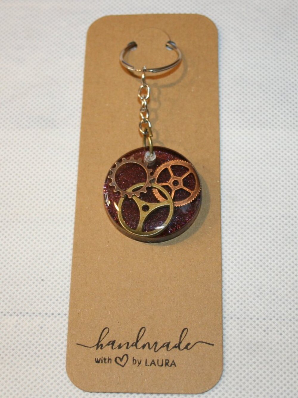 Handmade Resin Gear Steampunk Keychain Purse 1 1/4 x 1/4 Round Bronze